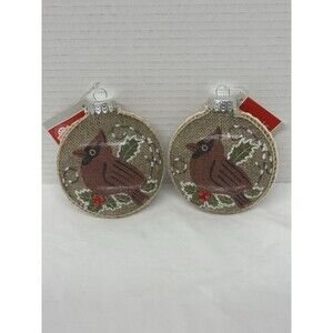 Ornament-2 Cardinal Winter Scene Burlap Plastic Hanging Christmas Ornament NWT
